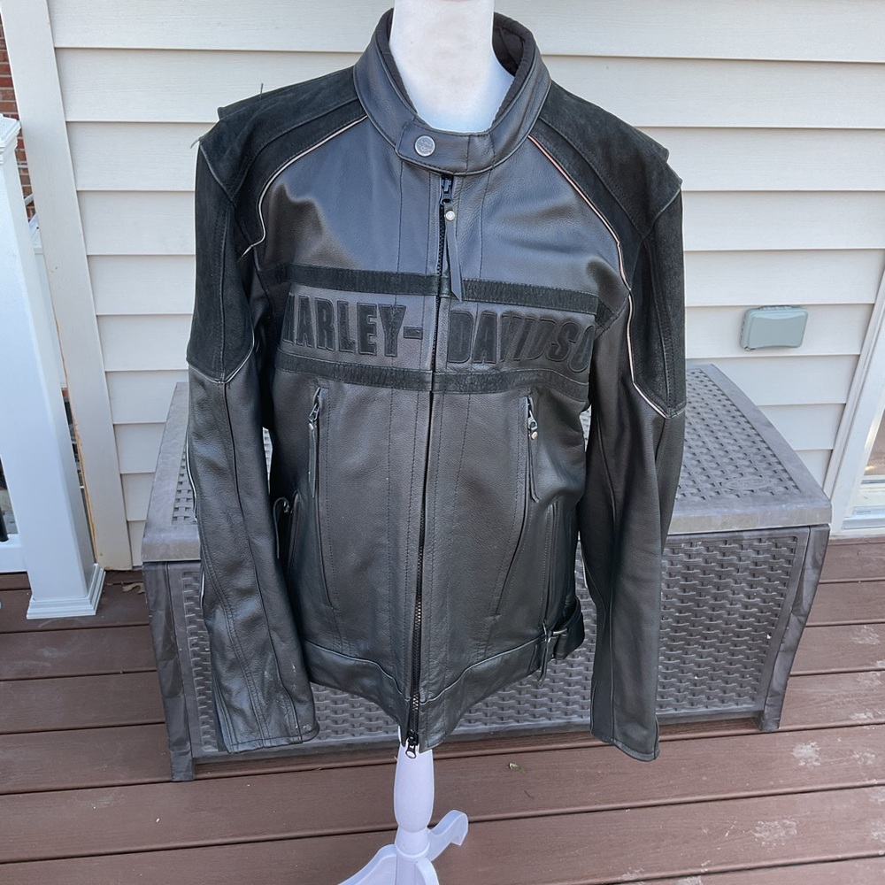 Harley-Davidson Black and Gray Leather Bomber Jacket